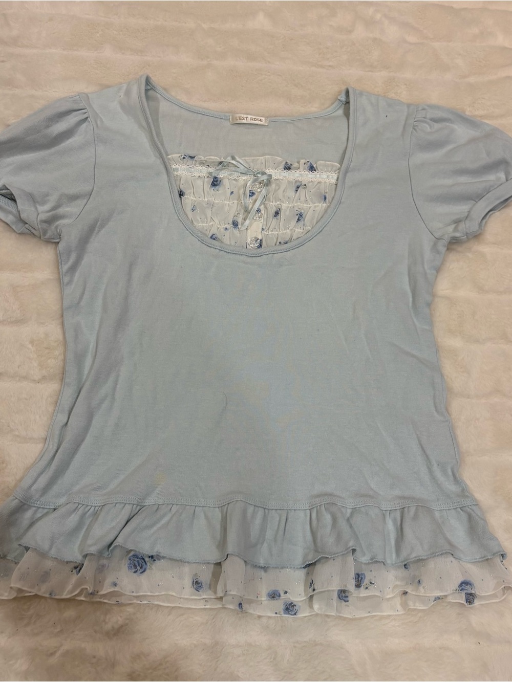 Light Blue Ruffle-Hem Short Sleeve Top by Jet Rose